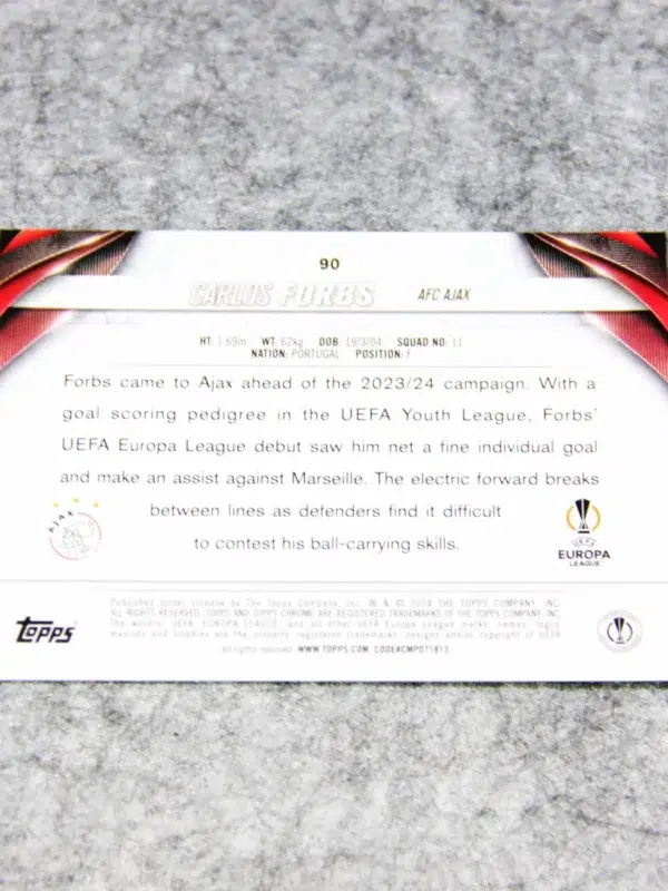 2023-24 Carlos Forbs #90 Topps Chrome UEFA Europa League Neon Green Wave Refractor RC /399