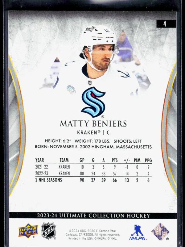 2023 24 Matty Beniers #4 Upper Deck Ultimate Collection of 99 - back