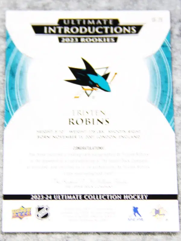 2023 24 Tristen Robins #UI 29 Upper Deck Ultimate Collection Ultimate Introductions 2023 Rookies - back