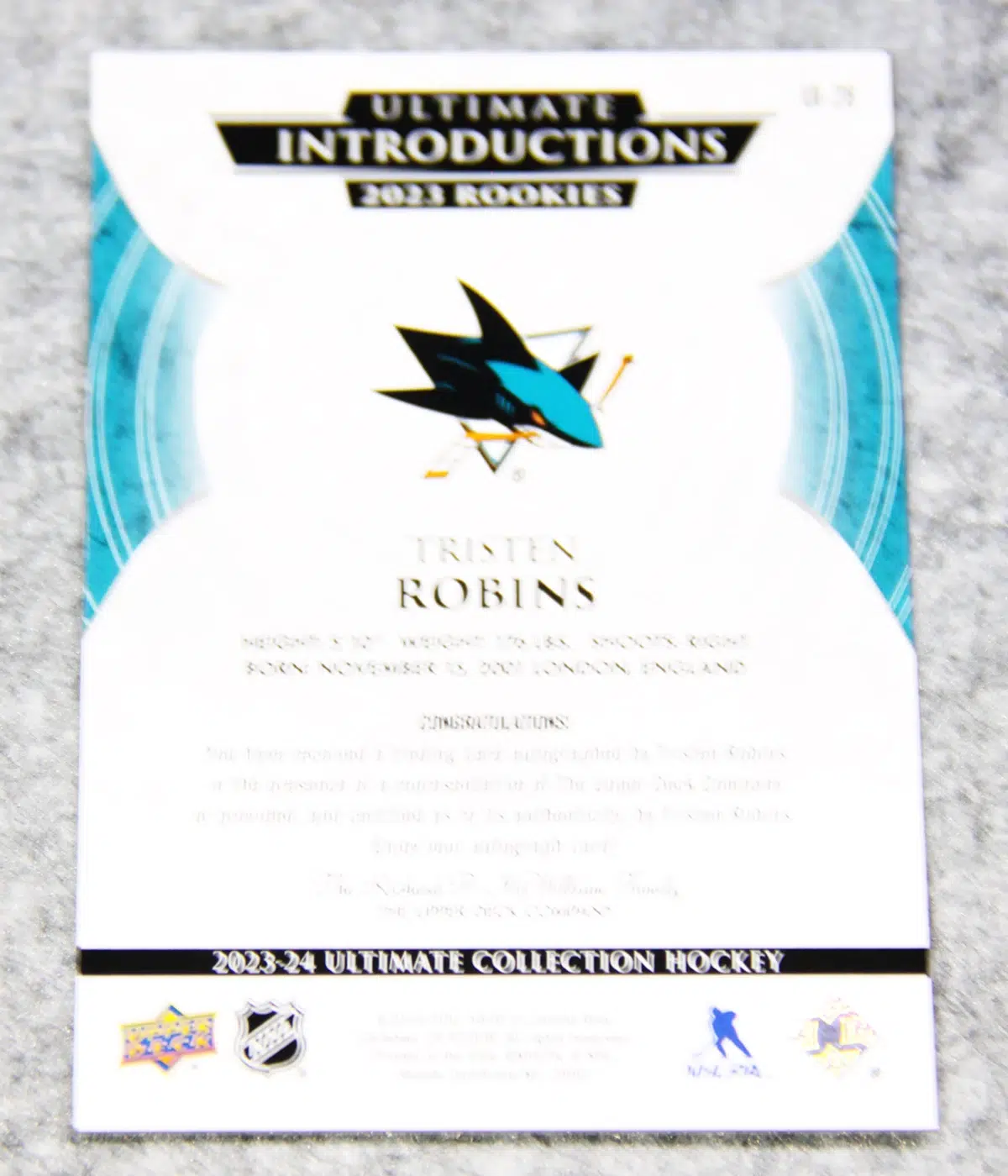 2023 24 Tristen Robins #UI 29 Upper Deck Ultimate Collection Ultimate Introductions 2023 Rookies - back