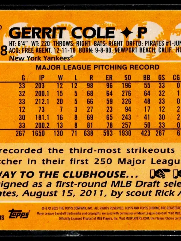 2023 Gerrit Cole #2T88C 18 Topps Chrome 1988 Topps Baseball 35th Anniversary Mojo - back