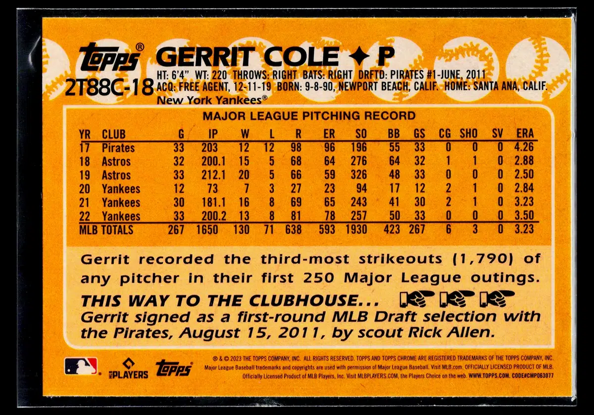 2023 Gerrit Cole #2T88C 18 Topps Chrome 1988 Topps Baseball 35th Anniversary Mojo - back