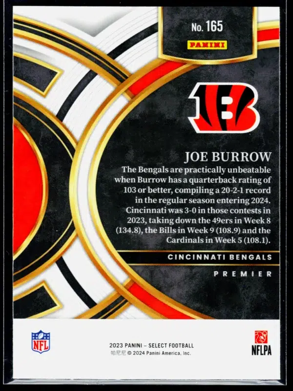 2023 Joe Burrow #165 Panini Select Premier Level - back