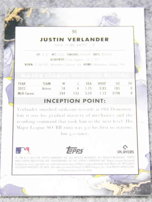 2023 Justin Verlander #96 Topps Inception - back