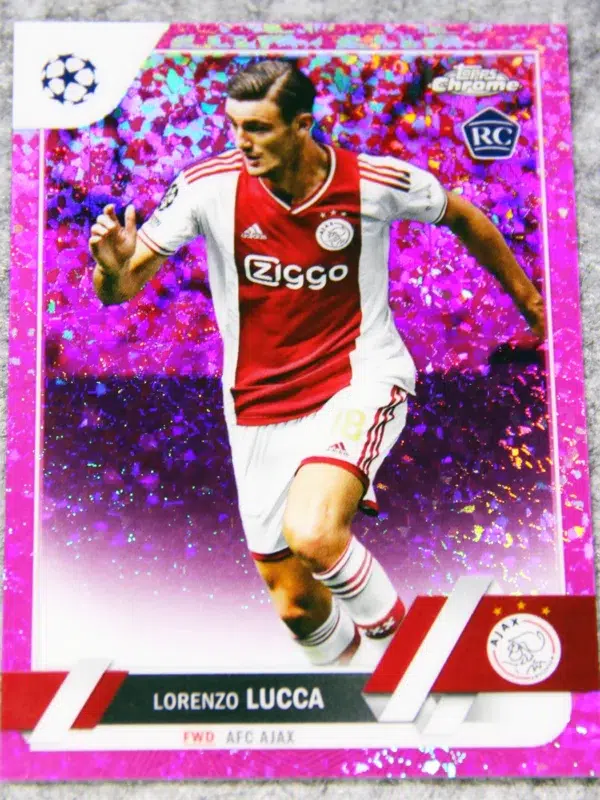 2023 Lorenzo Lucca #143 Topps Chrome UEFA Club Competitions Pink Sparkle RC /175