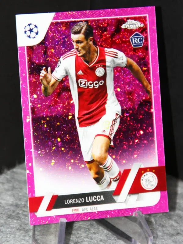 2023 Lorenzo Lucca #143 Topps Chrome UEFA Club Competitions Pink Sparkle RC /175
