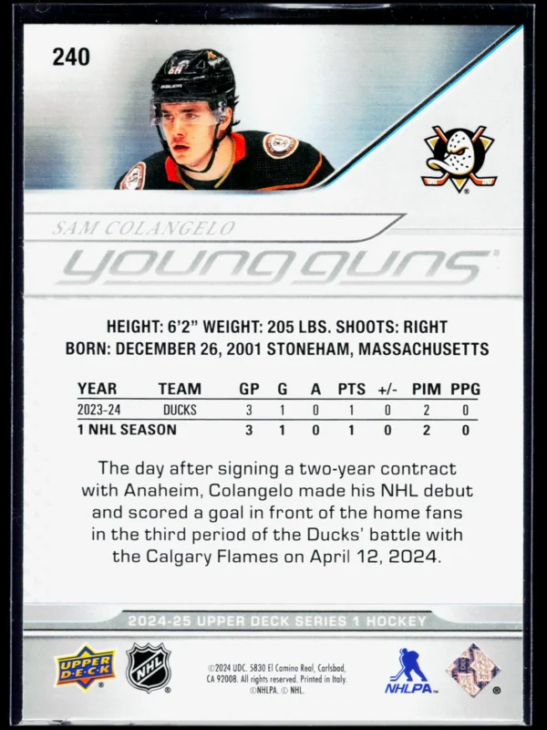 2024 25 Sam Colangelo #240 Upper Deck Series 1 Young Guns - back