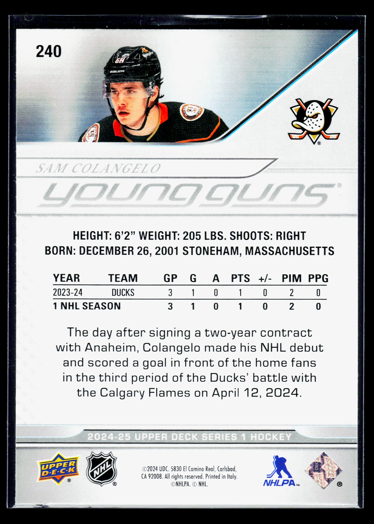 2024 25 Sam Colangelo #240 Upper Deck Series 1 Young Guns - back