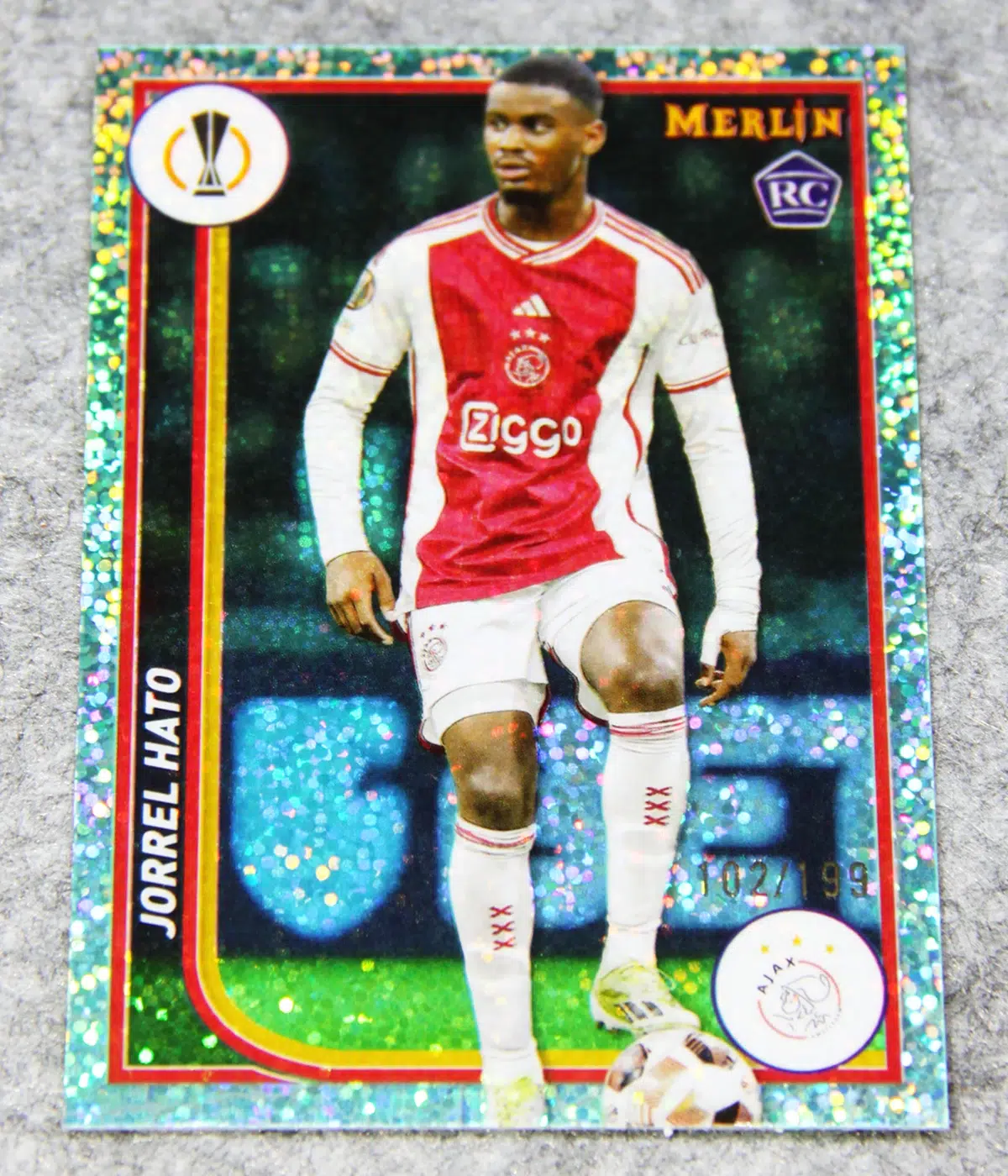 2024 Jorrel Hato #6 Topps Merlin UEFA Club Competitions Aqua Speckle RC /199
