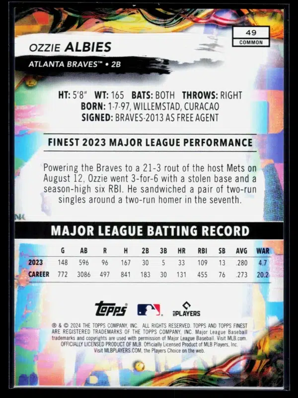 2024 Ozzie Albies #49 Topps Finest Purple Checkerboard Refractor of 150 - back
