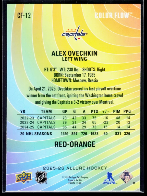 2025 26 Alex Ovechkin #CF 12 Upper Deck Allure Color Flow Red Orange - back