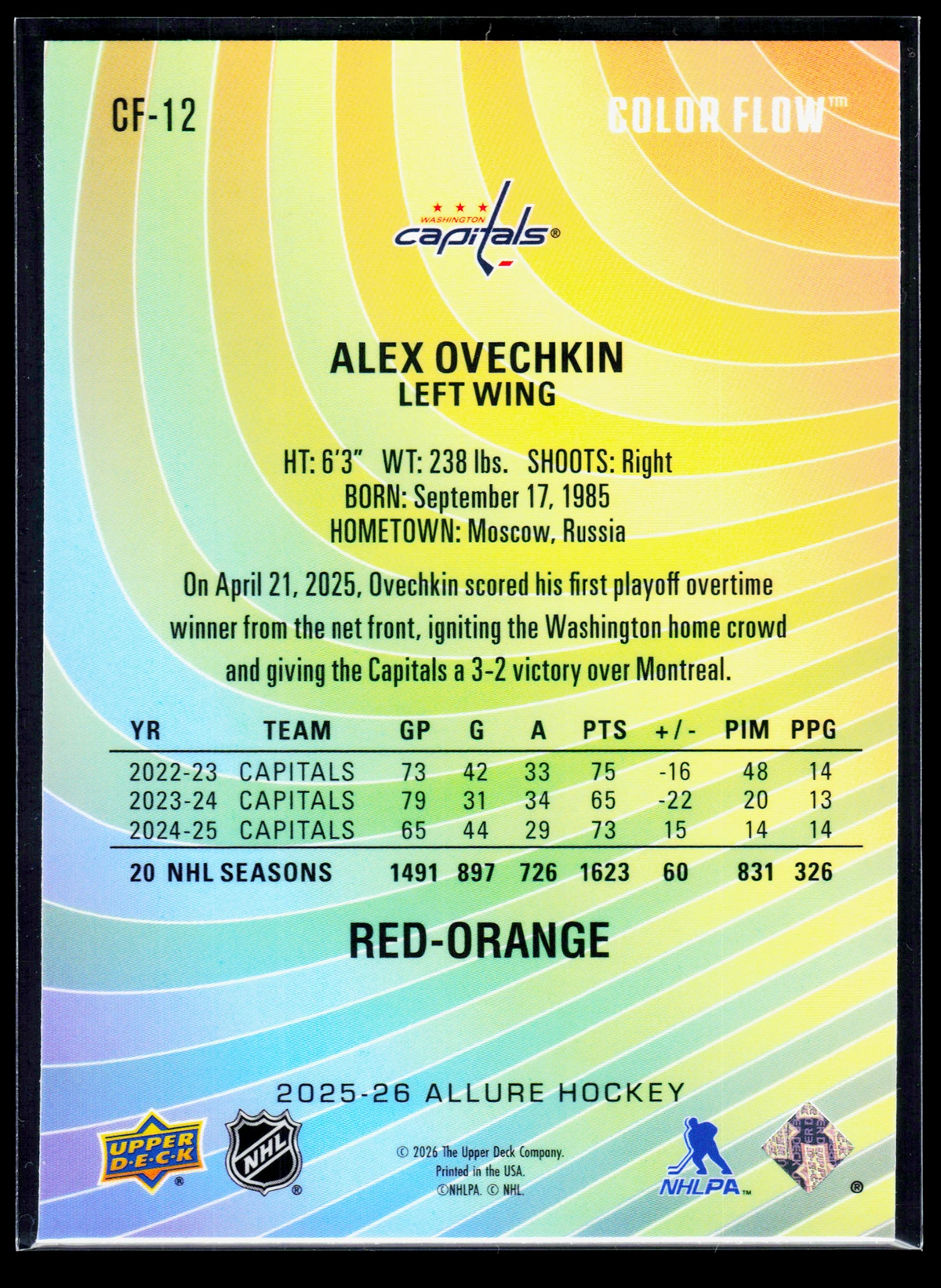 2025 26 Alex Ovechkin #CF 12 Upper Deck Allure Color Flow Red Orange - back