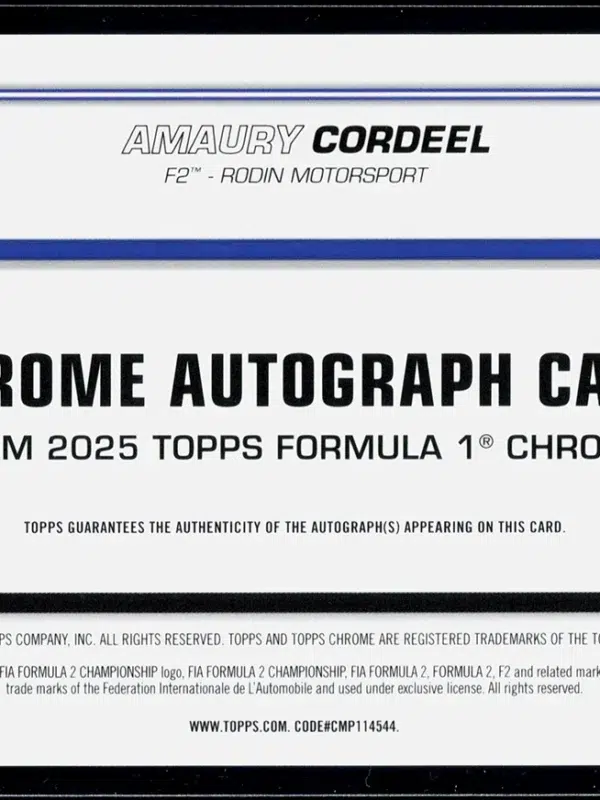 2025 Amaury Cordeel #CAC COR Topps Chrome Formula 1 Autograph RC - back