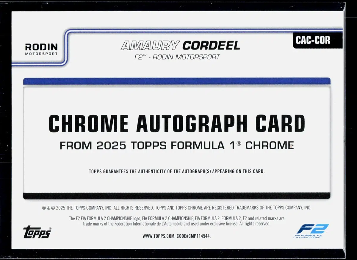 2025 Amaury Cordeel #CAC COR Topps Chrome Formula 1 Autograph RC - back