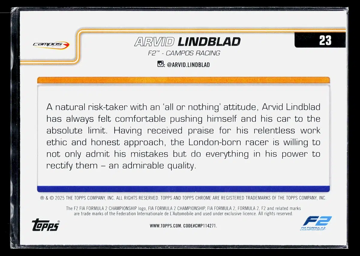 2025 Arvid Lindblad #23 Topps Chrome Formula 1 B&W Ray Wave Refractor - back