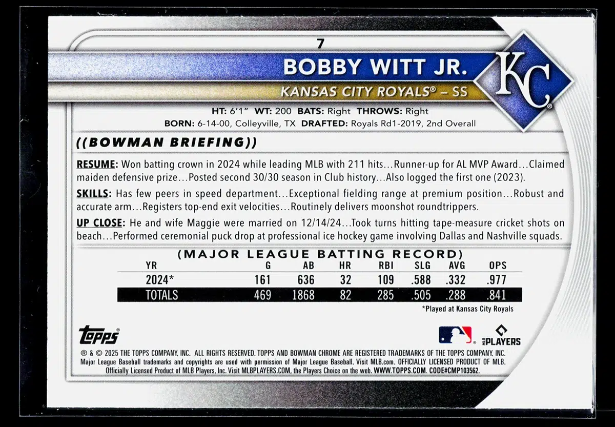 2025 Bobby Witt Jr #7 Bowman Chrome - back