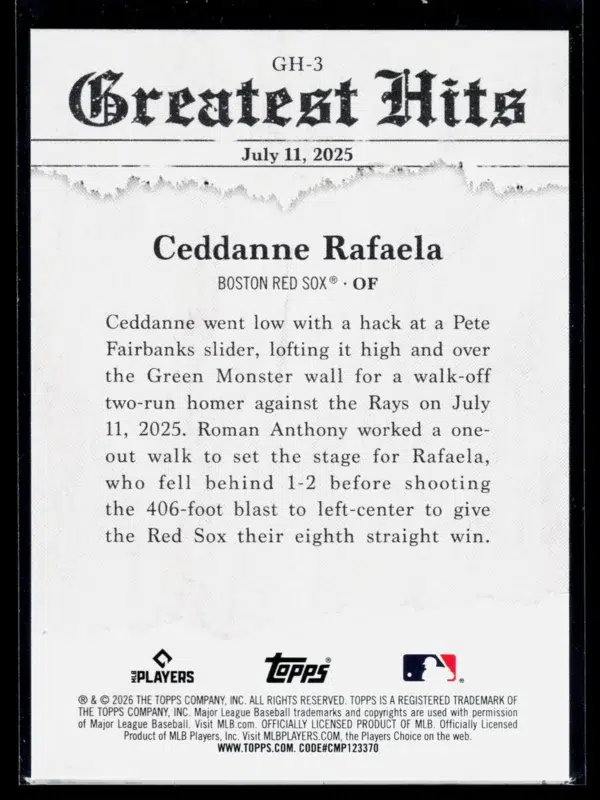 2025 Ceddanne Rafaela #GH 3 Topps Greatest Hits of 150 - back