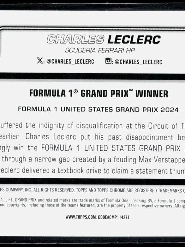 2025 Charles Leclerc #111 Topps Chrome Formula 1 Grand Prix Winner B&W Ray Wave Refractor - back