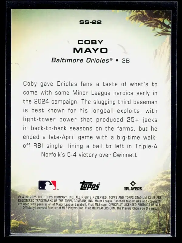 2025 Coby Mayo #SS 22 Topps Stadium Club Savage Sluggers RC - back