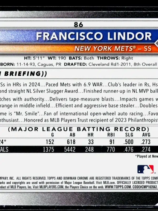 2025 Francisco Lindor #86 Bowman Chrome - back