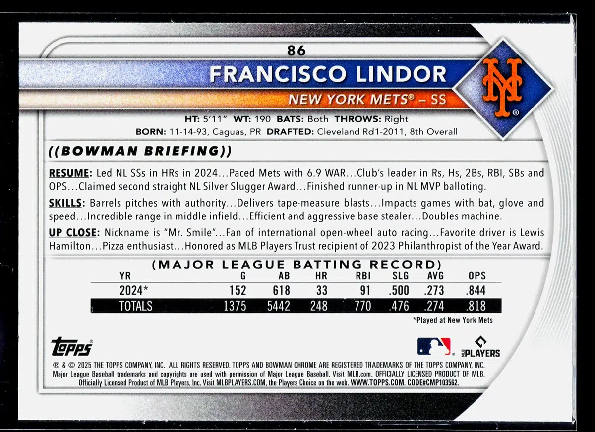 2025 Francisco Lindor #86 Bowman Chrome - back