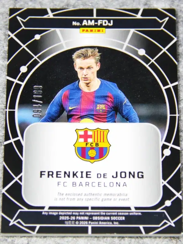 2025 Frenkie de Jong #AM-FDJ Panini Obsidian Atomic Relic Patch /199
