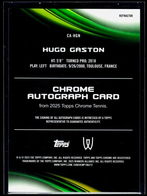 2025 Hugo Gaston #CA HGN Topps Chrome Tennis Geometric Refractor Autograph - back