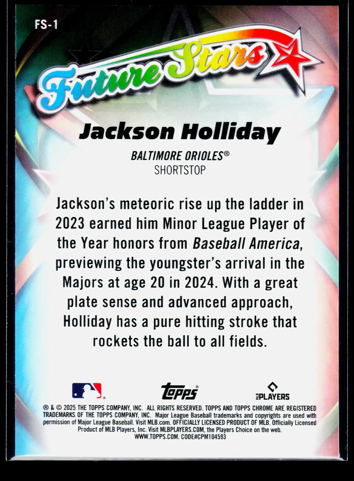 2025 Jackson Holliday #FS 1 Topps Chrome Future Stars - back