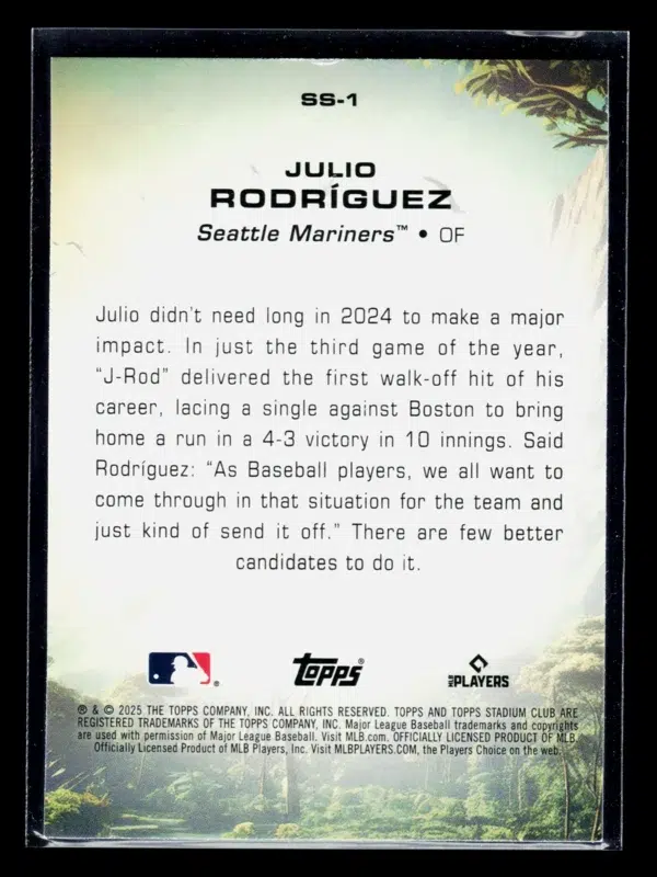 2025 Julio Rodríguez #SS 1 Topps Stadium Club Savage Sluggers - back