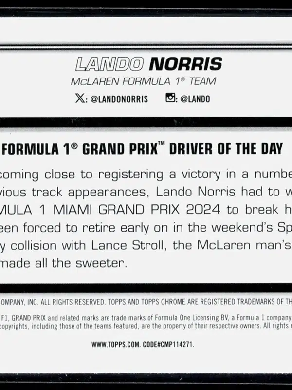 2025 Lando Norris #127 Topps Chrome Formula 1 Grand Prix Driver of the Day B&W Ray Wave Refractor - back