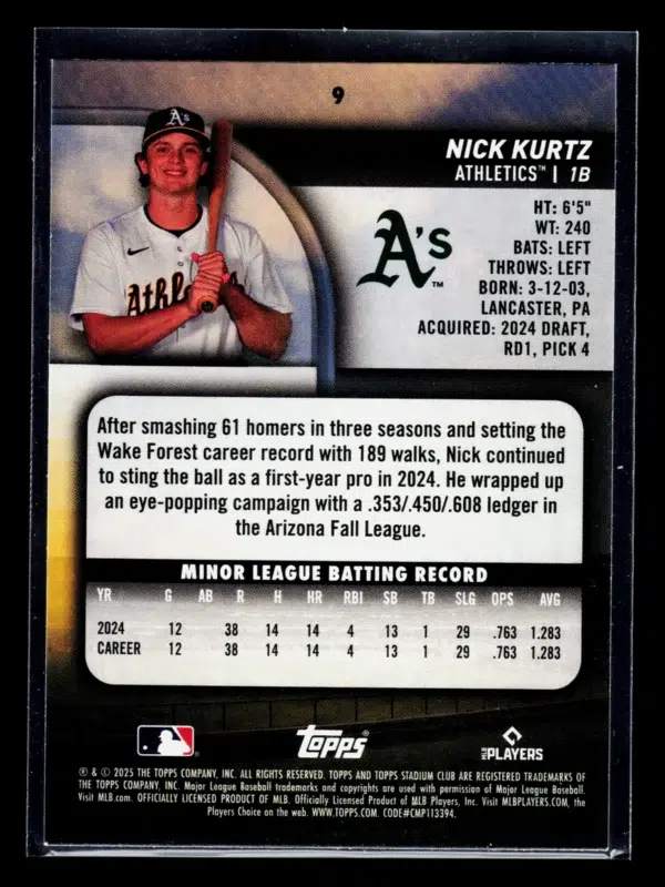2025 Nick Kurtz #9 Topps Stadium Club RC - back