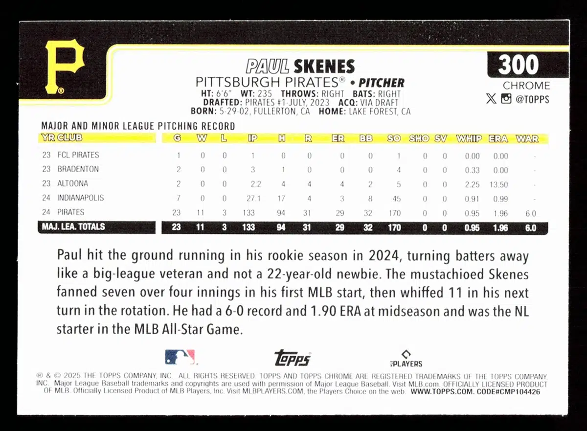 2025 Paul Skenes #300 Topps Chrome - back