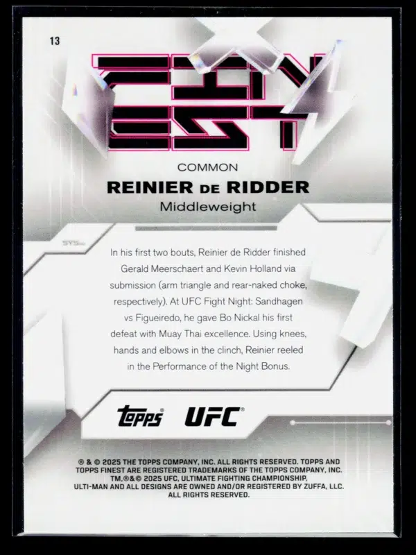 2025 Reinier de Ridder #13 Topps Finest UFC of 150 - back