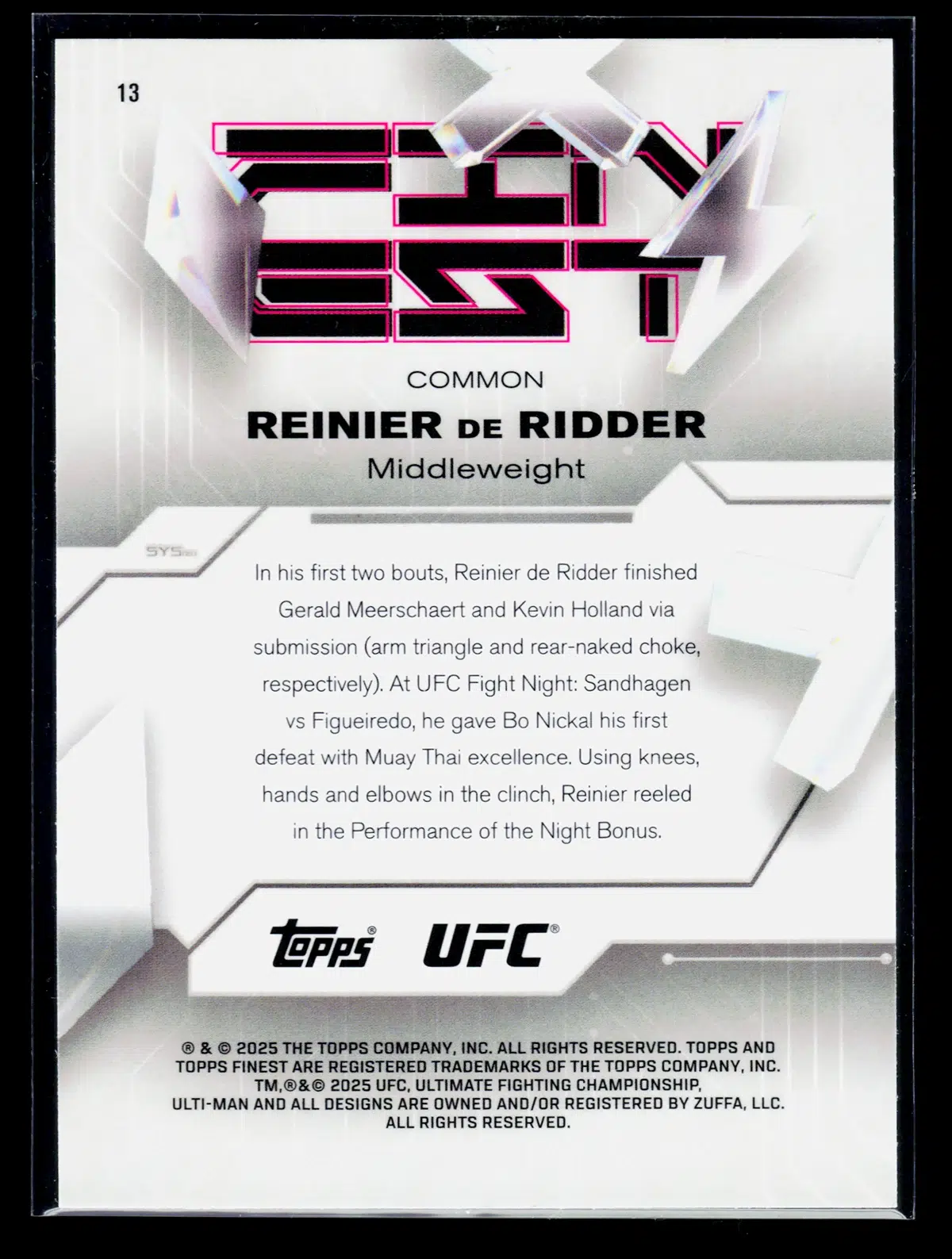 2025 Reinier de Ridder #13 Topps Finest UFC of 150 - back