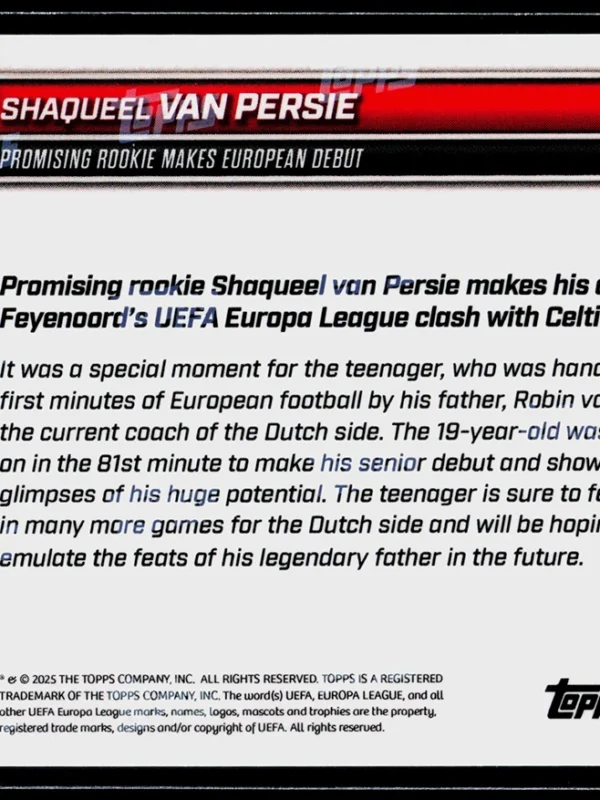 2025 Shaqueel van Persie #011 Topps Now UEFA Europa League Rookie SP