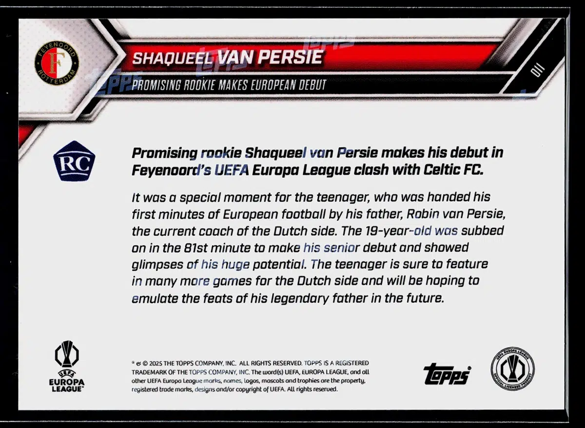 2025 Shaqueel van Persie #011 Topps Now UEFA Europa League Rookie SP