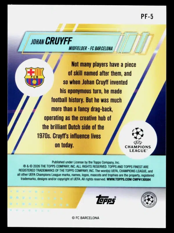 2026 Johan Cruyff #PF 5 Topps Finest UEFA Champions League Prized Footballers - back