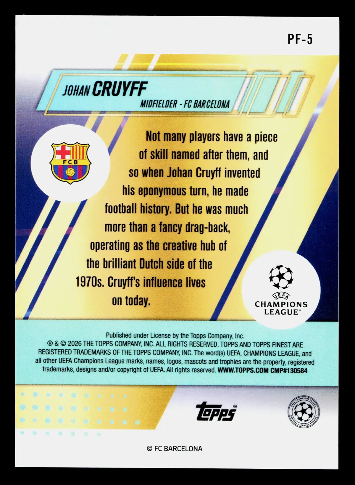2026 Johan Cruyff #PF 5 Topps Finest UEFA Champions League Prized Footballers - back