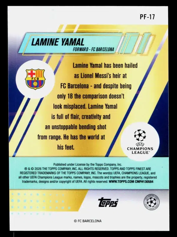 2026 Lamine Yamal #PF 17 Topps Finest UEFA Champions League Prized Footballers - back