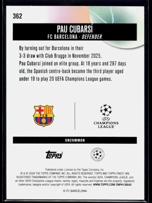 2026 Pau Cubarsi #362 Topps Finest UEFA Champions League Uncommon - back