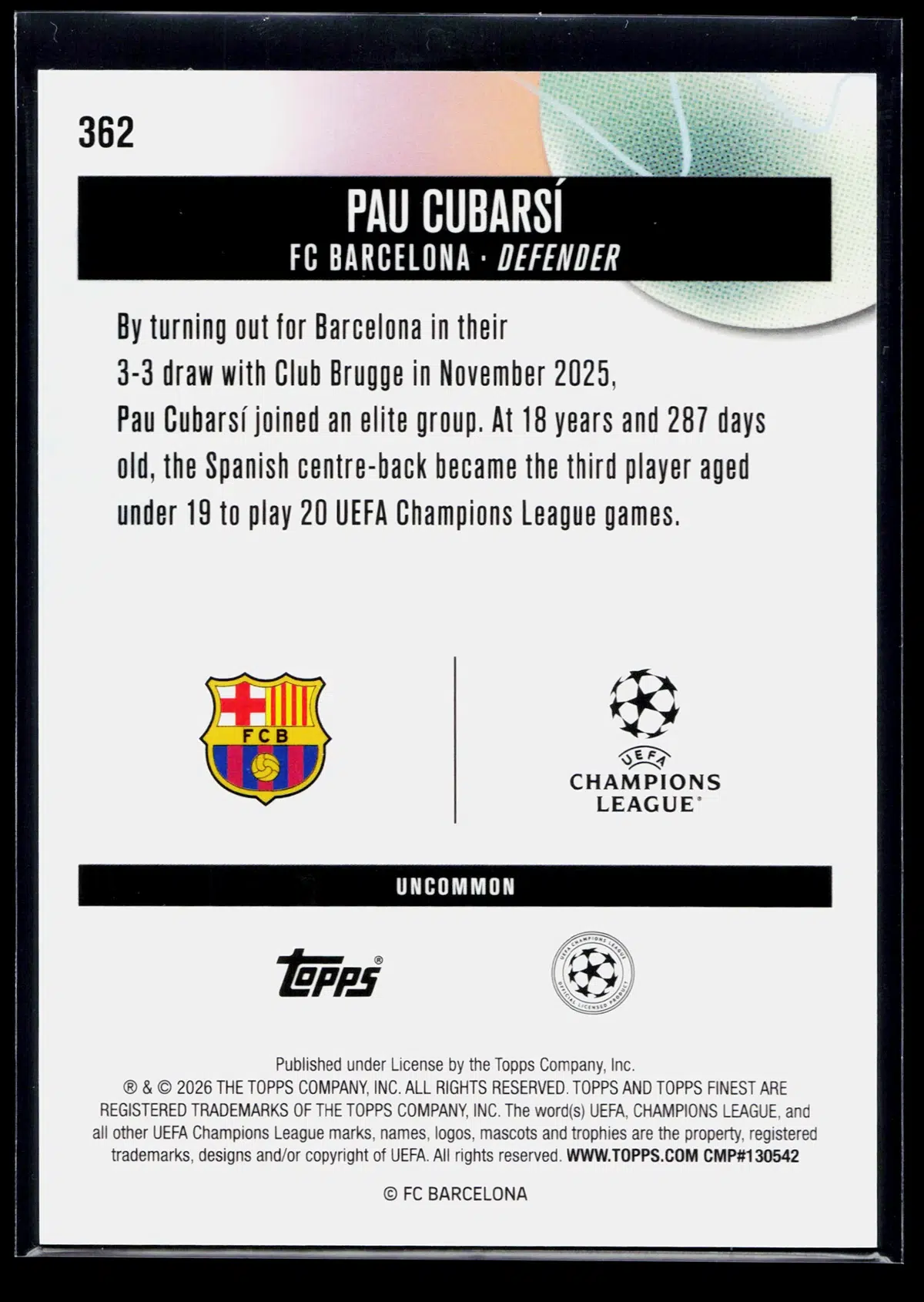 2026 Pau Cubarsi #362 Topps Finest UEFA Champions League Uncommon - back