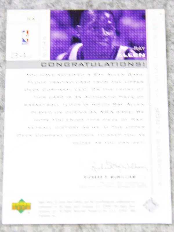 2000 01 Ray Allen #RA Upper Deck SP Game Floor Authentic Floor - back