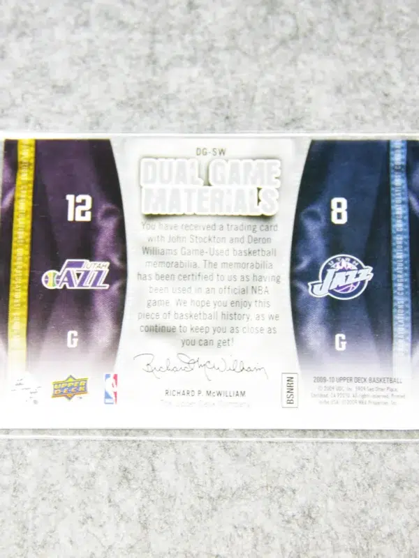 2009 10 John Stockton & Deron Williams #DG SW Upper Deck Dual Game Materials - back