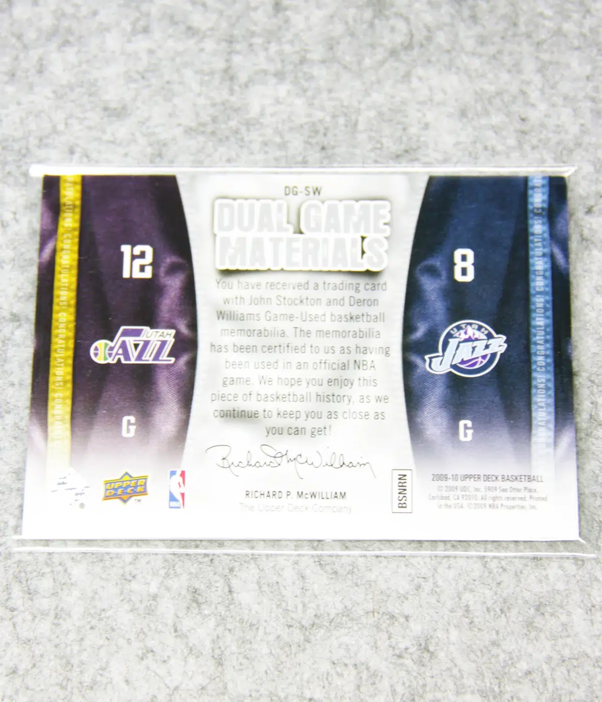 2009 10 John Stockton & Deron Williams #DG SW Upper Deck Dual Game Materials - back