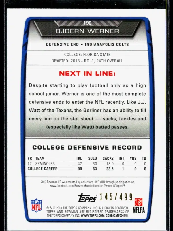 2013 Bjoern Werner #190 Topps Bowman Blue of 499 - back