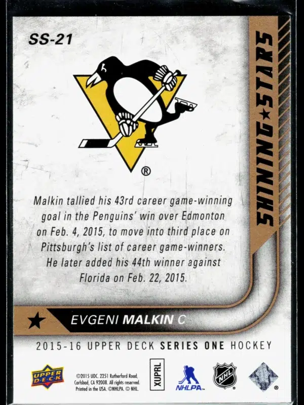 2015 16 Evgeni Malkin #SS 21 Upper Deck Series One Shining Stars - back