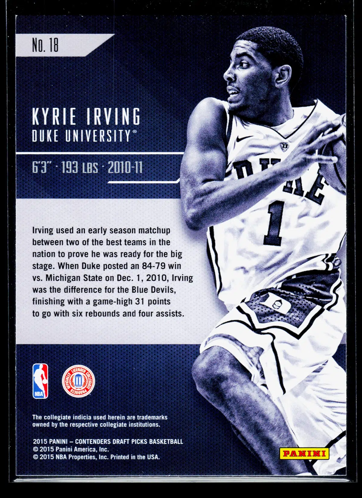 2015 Kyrie Irving #18 Panini Contenders Draft Picks Class Reunion - back