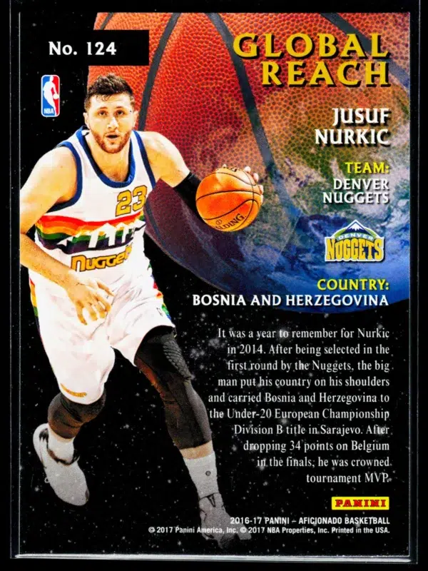 2016 17 Jusuf Nurkic #124 Panini Aficionado Global Reach - back