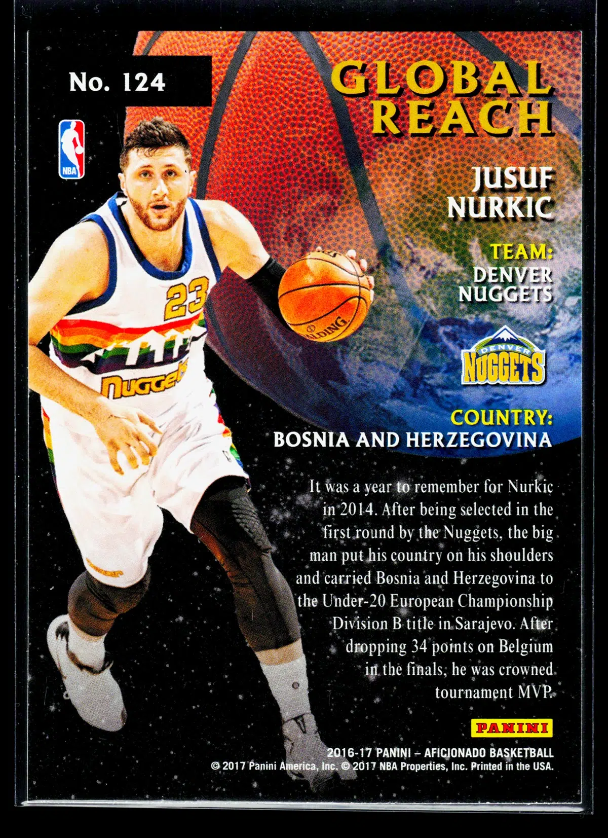2016 17 Jusuf Nurkic #124 Panini Aficionado Global Reach - back