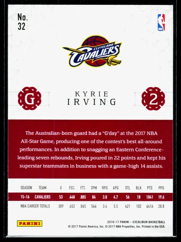 2016 17 Kyrie Irving #32 Panini Excalibur - back